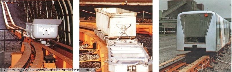 Massengutloren für Kohle und Abraum, ein im Bergbau üblicher EHB-Container für Materialtransport auf einem Kombitransporter und Fahrzeug zur Personenbeförderung mit Magnetbahn-Technologie im Kohlebergbau (Deutschland, 1990)